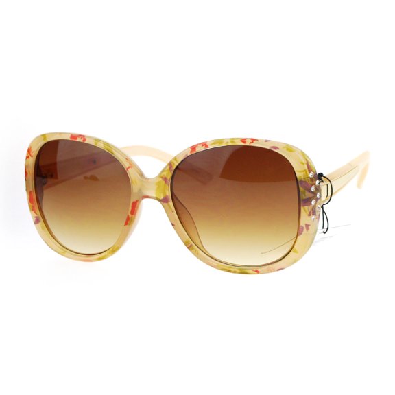 SA106 Womens Rhinestone Studded Oversize Fashion Plastic Butterfly Sunglasses Beige Flower Gold