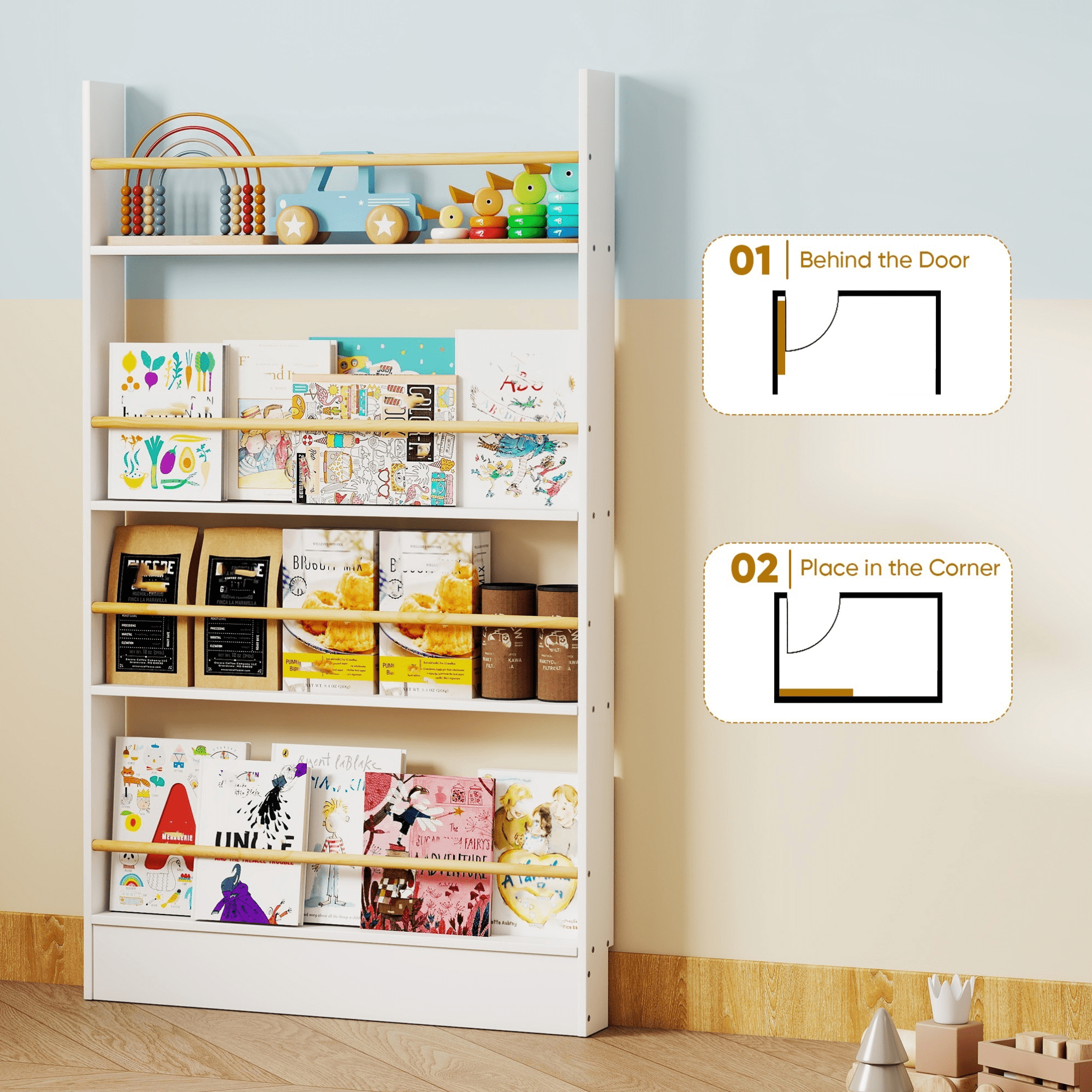 VGBYUJ Behind Doors Bookshelf, 4 Tier Wall Mount Boookcases, Thin Bookshelf for Narrow Space, Solid Wood, White