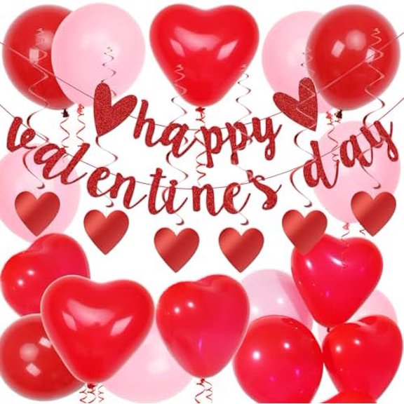 Valentines Day Decor, Happy Valentine's Day Banner for Valentines Decorations, Pink and Red Heart Valentine's Day Balloons with Hanging Red Heart Swirls$$