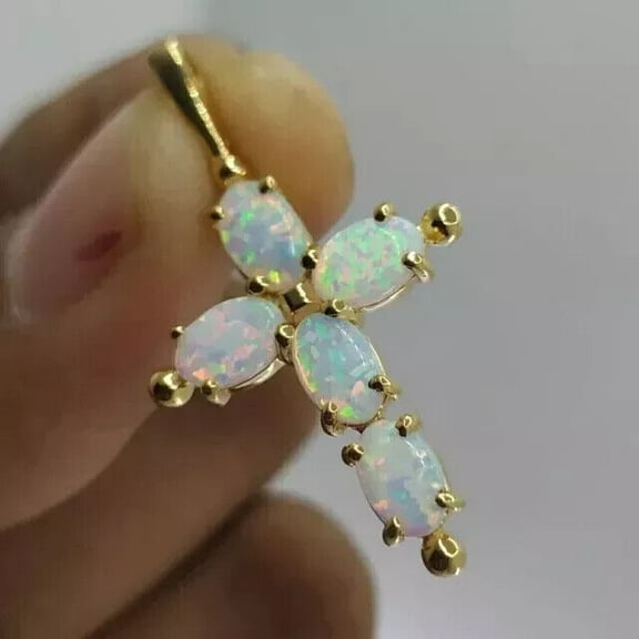 Cross Pendant 2Ct Oval Cut Lab Created Fire Opal in 14K Yellow Gold Plated