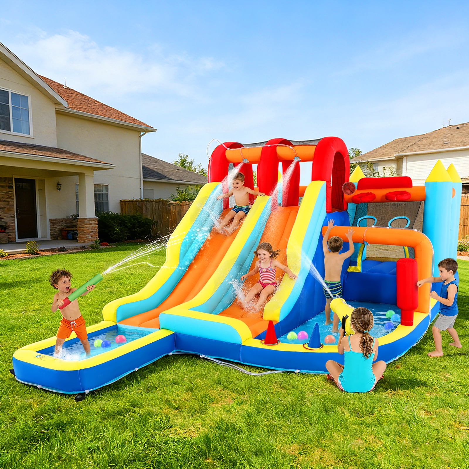 9in1 Inflatable Double Water Slides Bouncer House Water Park Playhouse w/Climbing Wall,Splash Pool,Trampoline,2 Basketball Hoops,Water Guns,Blower Backyard Fun Indoor Outdoor