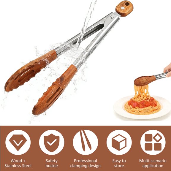 Fkszll Wooden Tongs, Stainless Steel Salad Tongs with Walnut Wood Tip, Kitchen Tongs for Grilling, Serving, BBQ and Tossing Salad etc, Easy to clean - Smooth Locking & Hanging Cooking Utensils