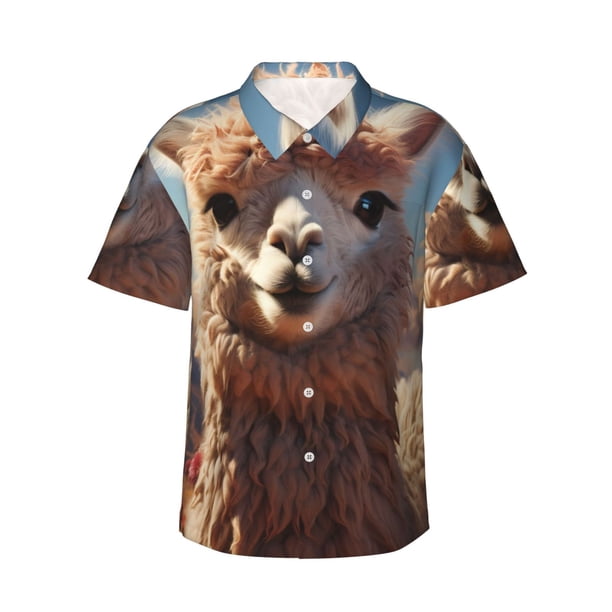 Balery Fluffy Alpaca Mountain Meadow Camisas hawaianas de manga corta para hombre, camisas playeras de corte holgado, camisas de vacaciones con botones,Large
