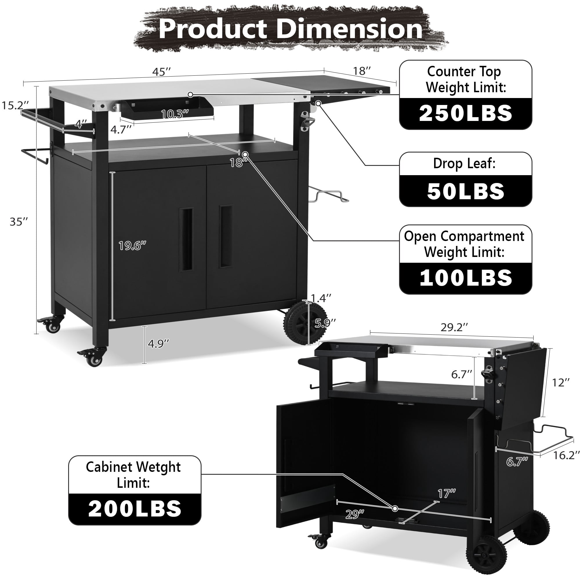 Aukfa 45" Outdoor Grill Cart with Weatherproof Cover, Stainless Steel BBQ Table with Foldable Side Shelf & Storage Cabinet, Black