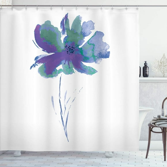 HTOOQ Watercolor Flower Shower Curtain, Single Poppy Flower on Plain Clear Background Nature Inspired Romantic, Cloth Fabric HTOOQ Decor Set with Hooks, 84" Long Extra, Ceil Blue