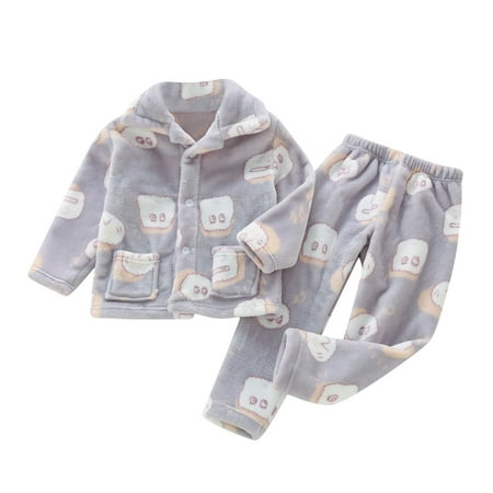 

Toddler Kids Baby Boys and Girls Autumn and Winter Fleece Sleepwear Outfits Cute Cartoon Print Flannel Lapel Button Top Pants Pajamas Children s Casual Warm Home Wear