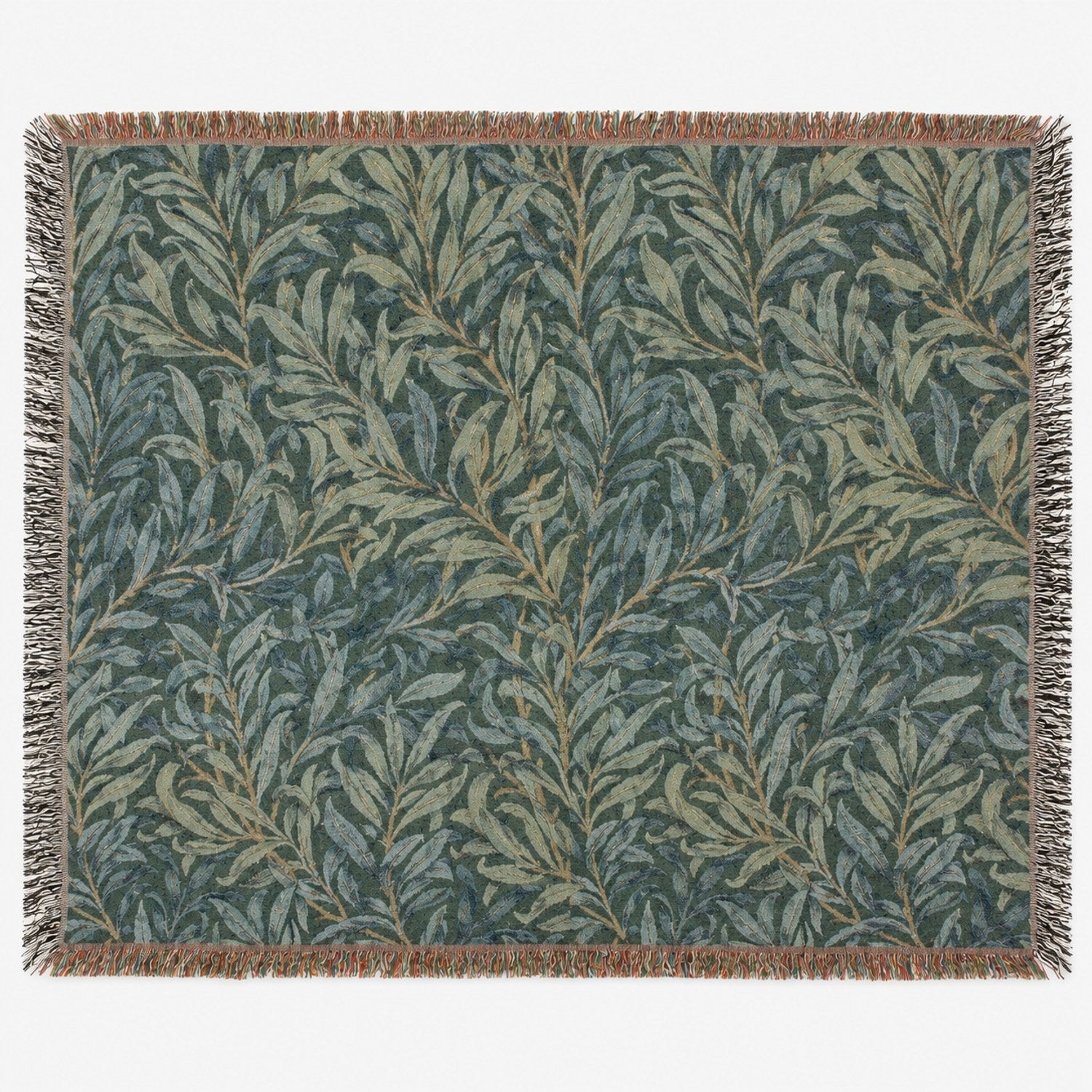 Blue Green Botanical Willow Leaf Woven Throw Blanket 100% Cotton Vintage-Inspired Decor for Sofa or Bed