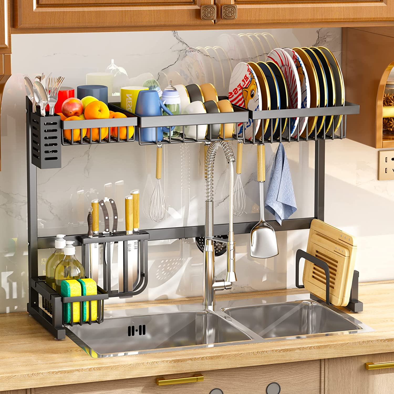 Over The Sink Dish Drying Rack Adjustable 26.8 to 34.6 Large Dish Drying Rack for Kitchen Counter with Multiple Baskets Utensil Sponge Holder Sink Caddy 2 Tier Brown Walmart