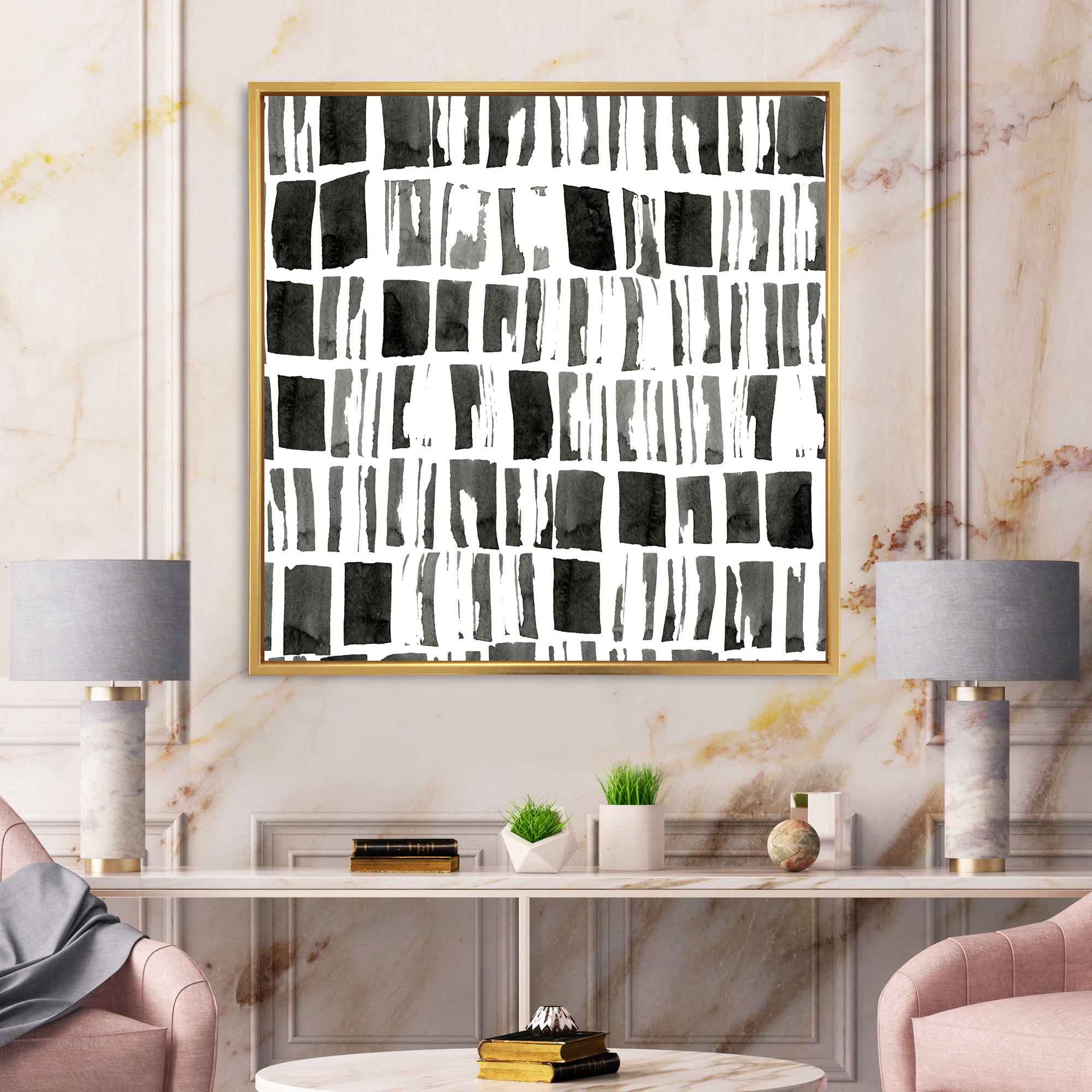 Designart 'Abstract Black and White Bricks' Modern Framed Canvas Wall Art Print