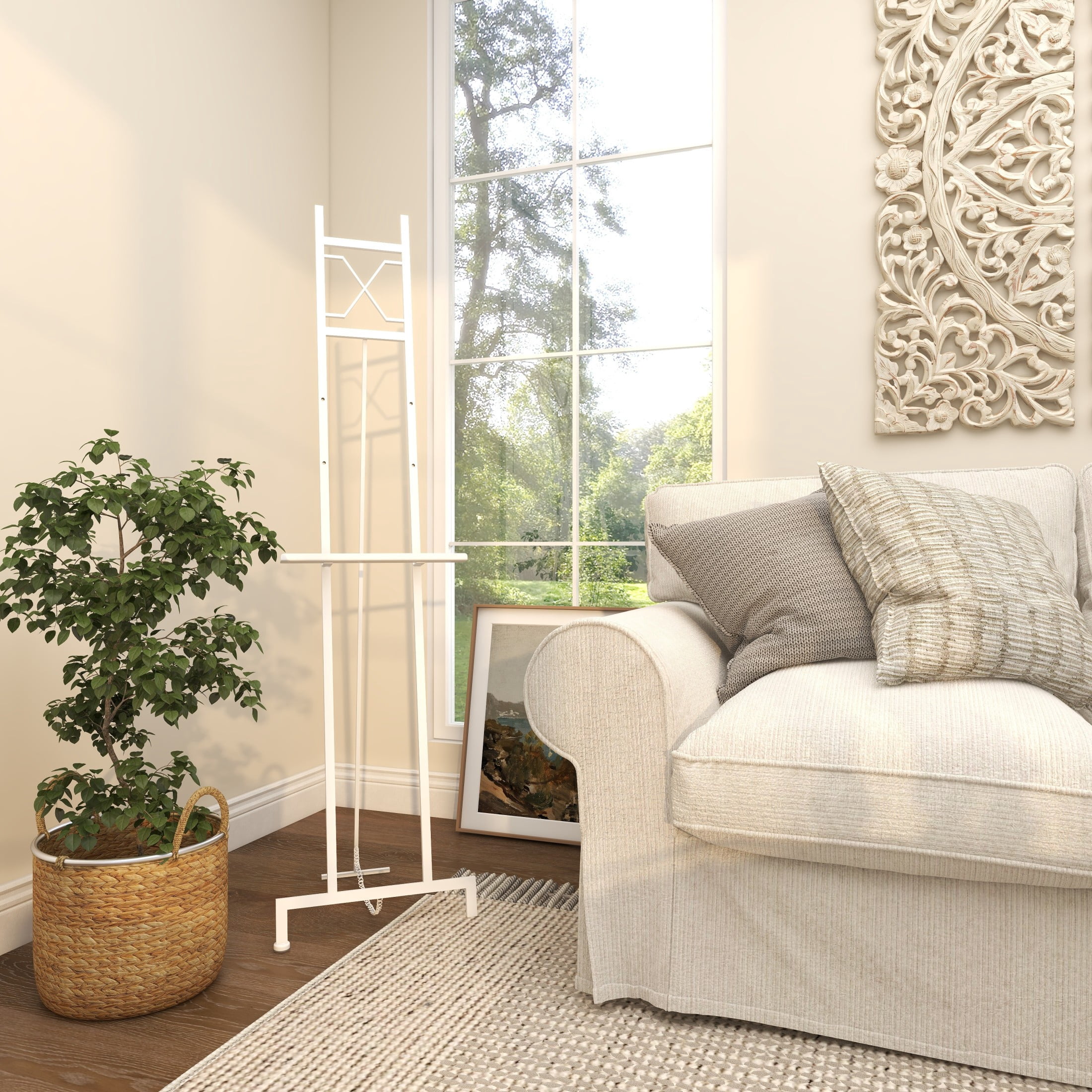 DecMode 16" x 57" White Metal Tall Adjustable Floor 3 Tier Geometric Easel, 1-Piece