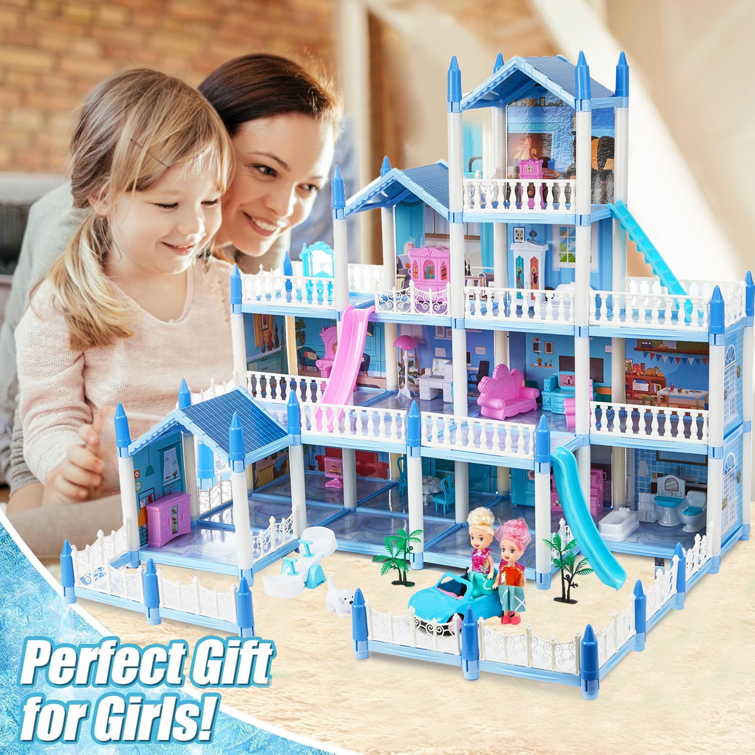 Anpro 4 Stories 14 Rooms Dollhouse for Kids, Princess Dollhouse with Asseccories & Furniture, Pretend Doll House Play Set Toy Age 3+ Toddlers Girls, Blue