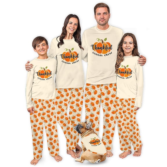 Thankful Cousin Crew Matching Family Thanksgiving Pajamas, Pumpkin Family And Dog PJs, Plus Sizes