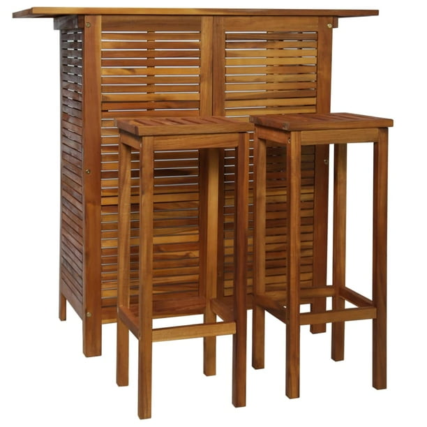 Amonida 3 Piece Bar Table And Chair Set Solid Acacia Wood Kitchen Dining Furniture Sets Com Chair Set Solid Acacia Wood Kitchen, Bar Sets Furniture