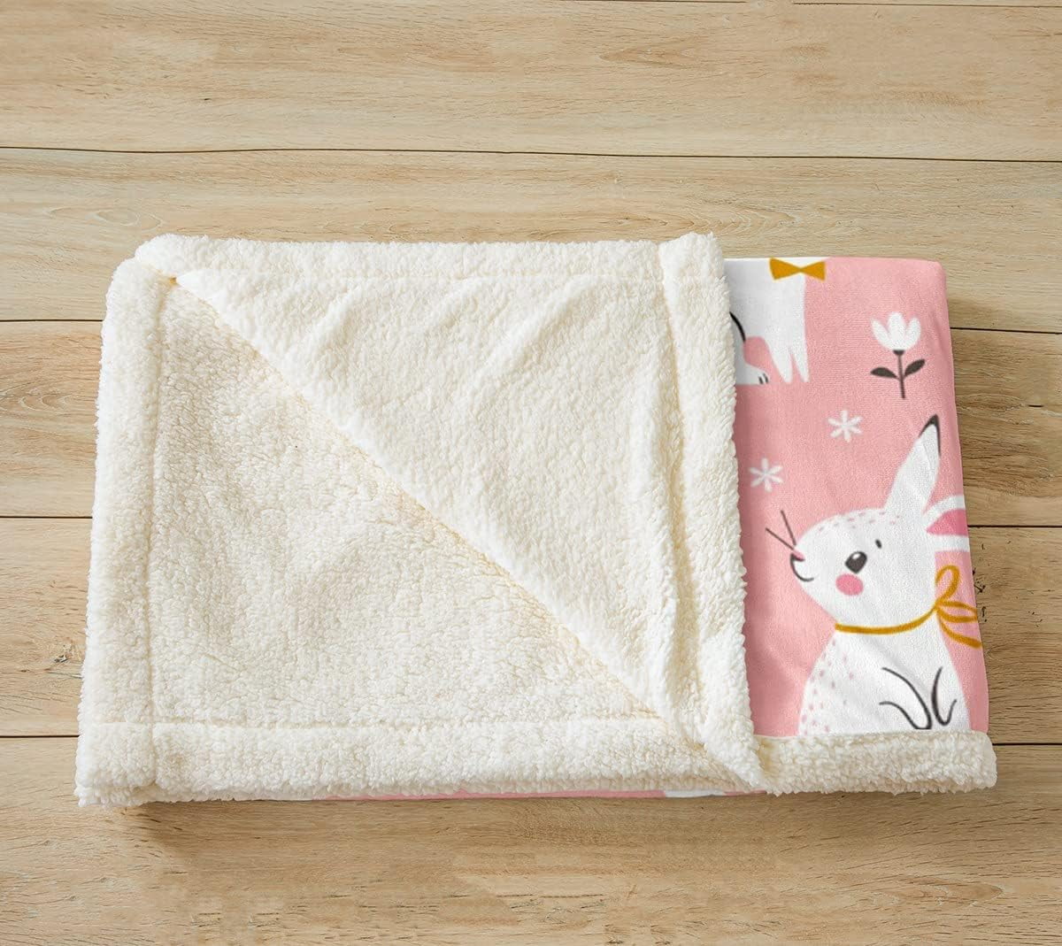 Cute Rabbit Plush Blanket Cartoon Bunny Pink Sherpa Blanket Boys Girls Lovely Little Floral Rabbit Decor Fleece Throw Blanket Botanical Animal Fuzzy Blanket for Sofa Bed Couch,Throw 50x60 Inches