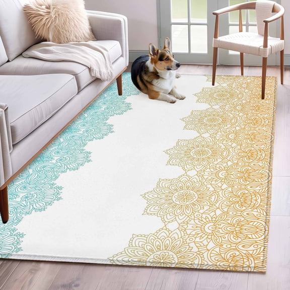 Teal Yellow Boho Area Rug 4x6 Washable Rug Non Slip Vintage Ethnic Tribe Abstract Art Large Area Rug Indoor Floor Carpet for Entryway Bedroom Kitchen Living Room Home Office Dining Room Nursery