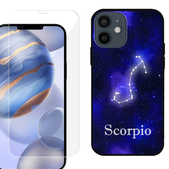 Slim-Fit Protective Phone Case (Black) compatible with iPhone 12 / iPhone 12 Pro, with Tempered Glass Screen Protector, by OneToughShield - Zodiac / Scorpio