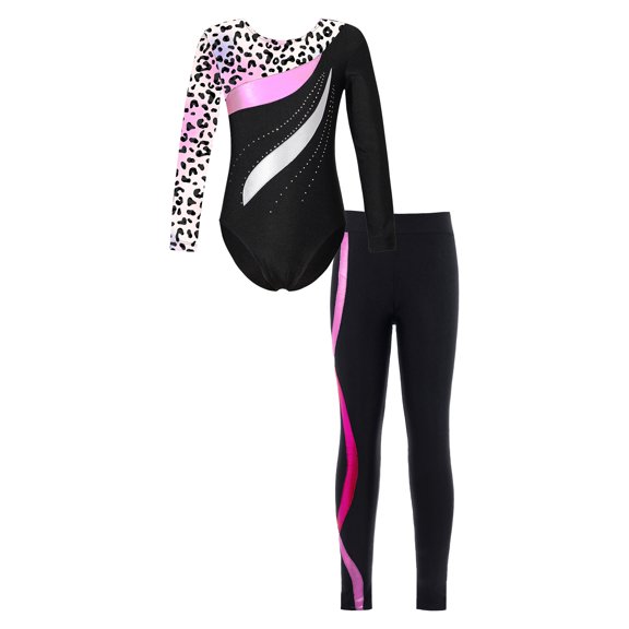 CHICTRY Girls Skating Dance Outfit Shiny Rhinestones Gymnastics Leotard with Pants Leggings Tracksuit Leopard&Hot Pink 6