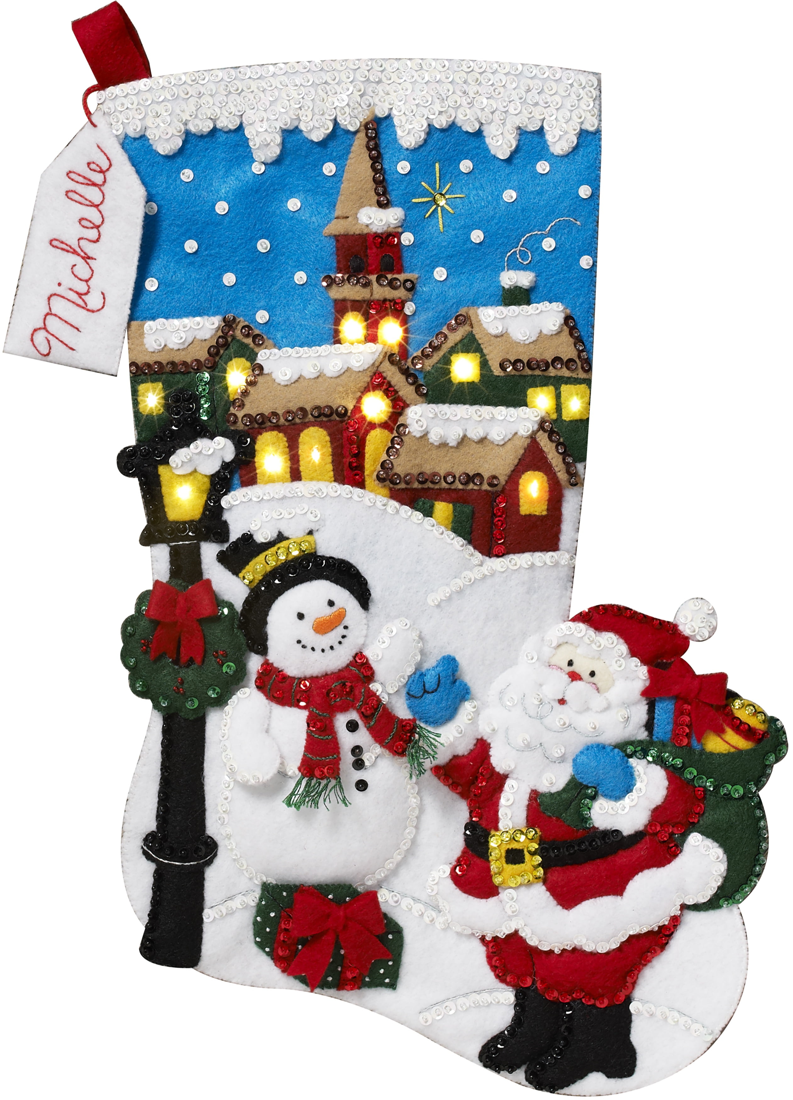 Bucilla Felt Stocking Applique Kit 18" LongChristmas Village W/Lights