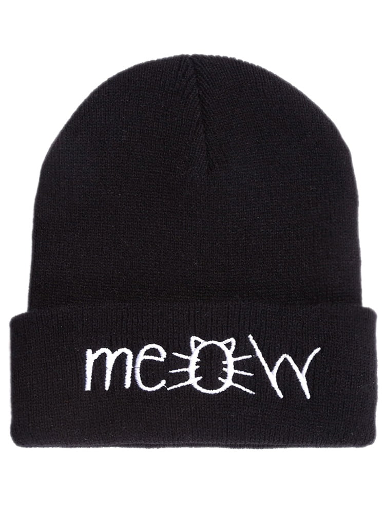 Meow Knit Black Beanie Hat Cap Kitty 