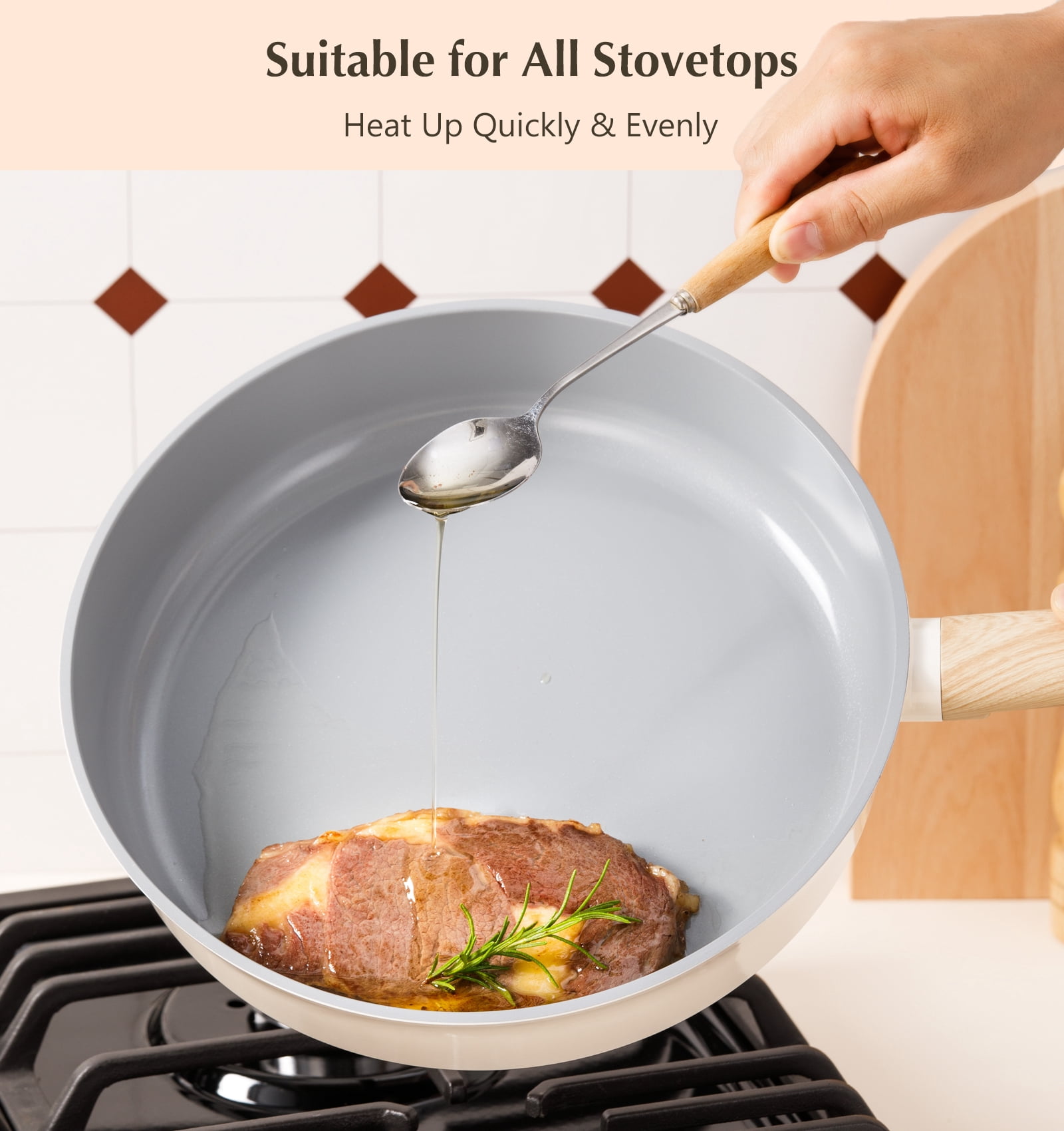 Koch Systeme CS 3-Piece Nonstick Aluminum Frying Pan Set - 8+9.5+11 inch, Induction Compatible Skillet Set, Dishwasher Safe, Cream White