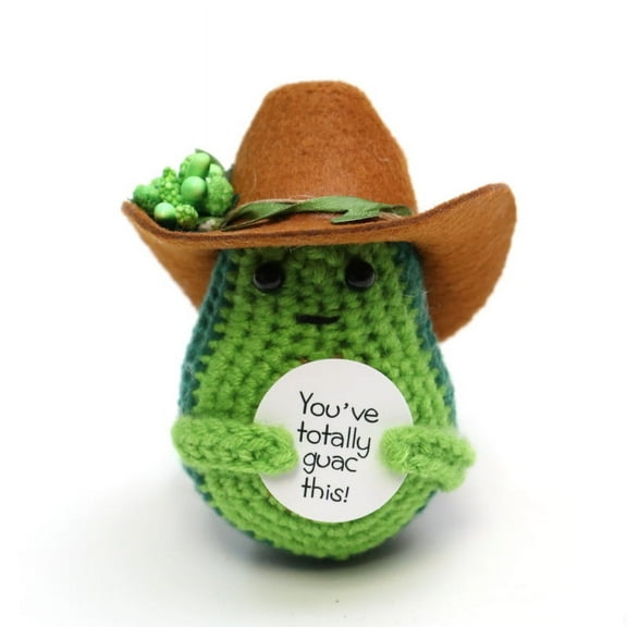 Handmade Positive Cute Cowboy Hat Avocado, Crochet with Cowboy Hat Emotional Doll Support Crocheted Knitted Animal for Inspirational Motivational Gift Home Office Decor