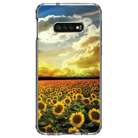 DistinctInk Clear Shockproof Hybrid Case for Samsung Galaxy S10e (5.8" Screen) - TPU Bumper, Acrylic Back, Tempered Glass Screen Protector - Green Blue Yellow Sunflowers