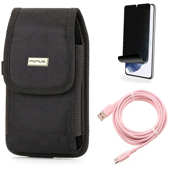 For Samsung Galaxy S21 (6.2") - Holster Rugged Case Belt Clip   [Fingerprint Works] TPU Film Privacy Screen Protector   Charger Cord Pink 10ft Long USB-C Cable