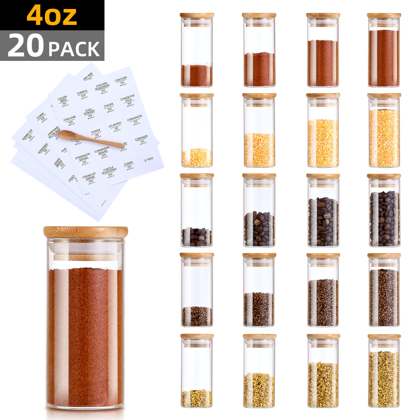  Datttcc 25 Pack Glass Spice jars Sets with Bamboo Lids,4 OZ  Spice Jars with Labels and Chalk,Seasoning Jars for Home Kitchen,Spice,Tea,Sugar,Salt,Herbs  : Home & Kitchen