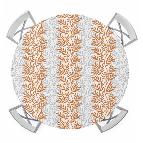 Orange Gray Botanical Round Tablecloth for 55-60 Inch Tables,Fitted Table Cover with Elastic Edge,Pastoral Spring Summer Leaf Aesthetics Waterproof Outdoor Table Cloth Protector for Patio Dinner