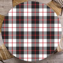 Red Black Plaid Round Fitted Tablecloth with Elastic Edge, Vintage Geometric Gingham Waterproof Table Cover, Indoor Outdoor Table Cloth for Kitchen Dinner, Outdoor, Picnic, 36"-44"