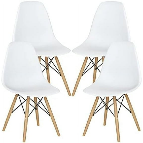 Mid Century Modern Dining Chairs Set of 4, DSW Chairs Plastic Shell Chairs with Wood Legs, Armless Side Chairs for Dining Room, Living Room, Kitchen (White)
