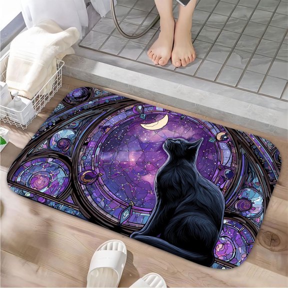 1pc A Black Cat Looking Absorbent Non-Slip Bathroom Thickened Flannel Rug Decor,Soft,Quick Drying,Suitable For Indoor/outdoor Use,Bathrooms,Bedrooms,Kitchens,Terrace,Laundry Rooms,16"x24"