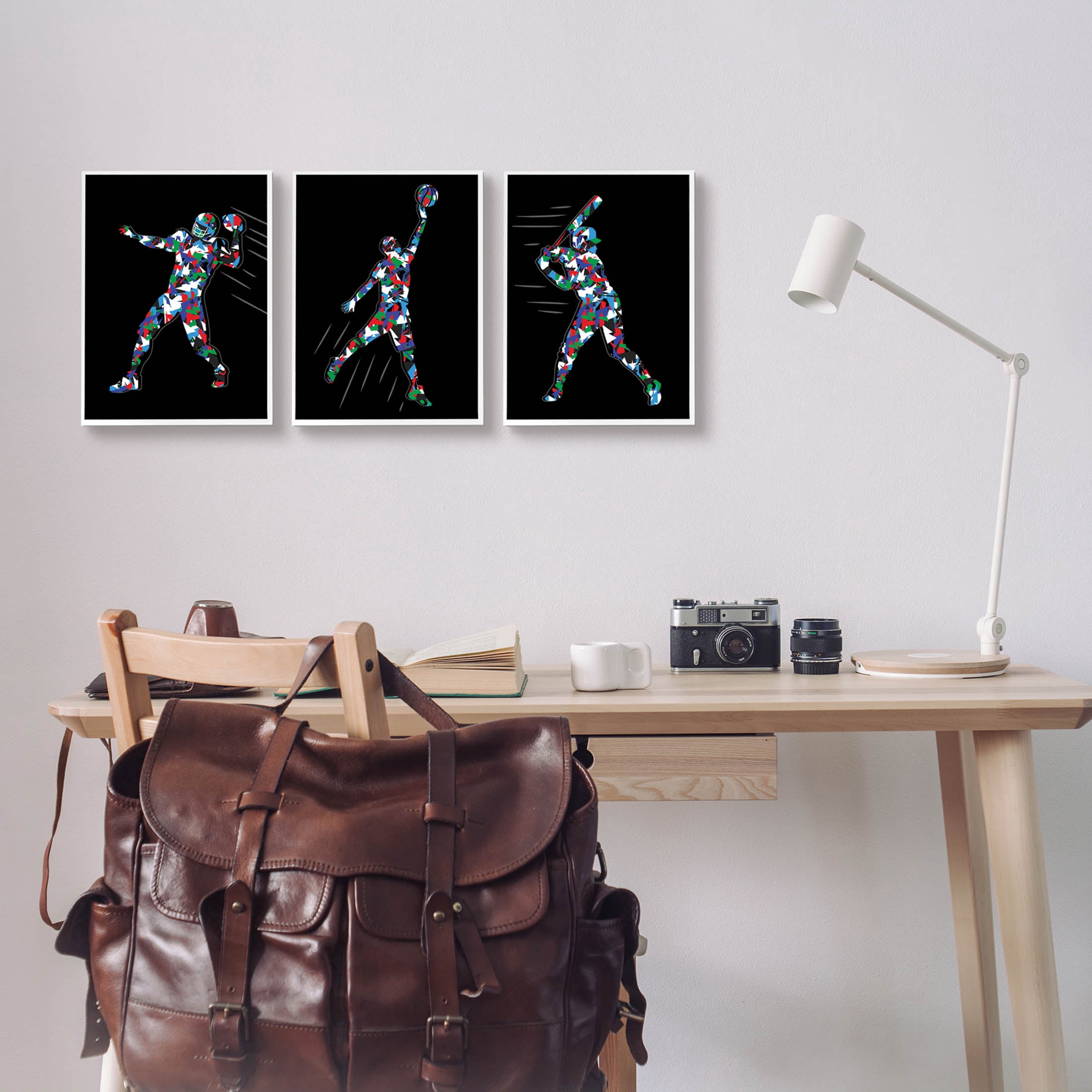 Stupell Industries Geometric Pattern Sports Players Graphic Art White Framed Art Print Wall Art, Set of 3, Design by Arrolynn Weiderhold