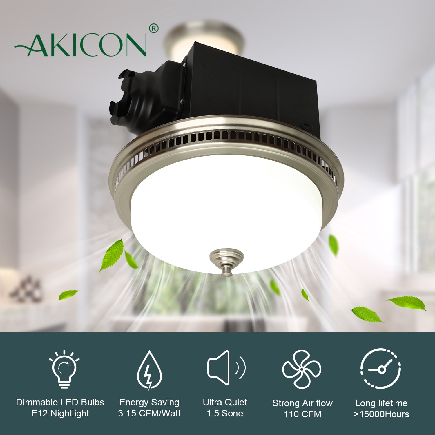 Ultra Quiet Bathroom Exhaust Fan with LED Light and Nightlight 110CFM 1.5 Sone Bathroom Ventilation Fan with Round Frosted Glass Cover Brushed Nickel - LED5000K