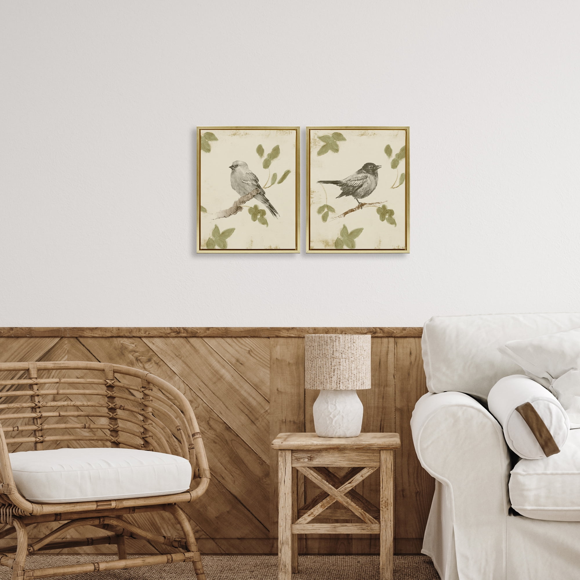 Stupell Industries Neutral Bird Scene 2 Piece Gold Framed Floater Canvas Set, design by Lanie Loreth