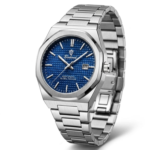 Men's Watch Luxury Business Quartz Wristwatch with Blue Dial, Stainless Steel Band, DateDisplay, 42mm Waterproof Fashion Dress Watch for Men
