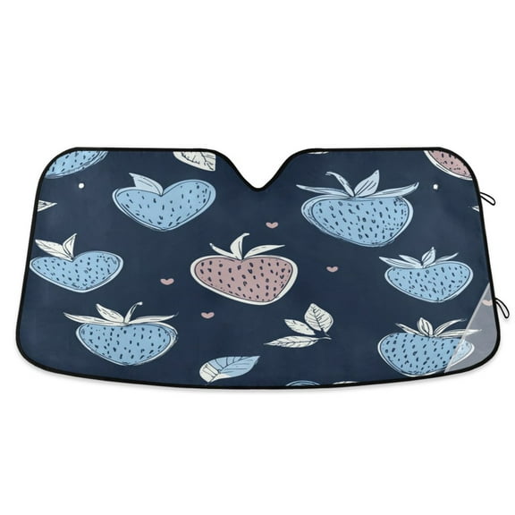 Qxltty Blue Strawberry Pattern Car Windshield Sunshades Foldable UV Rays Sun Visor Protector Keep Your Vehicle Cool 53×23.5in