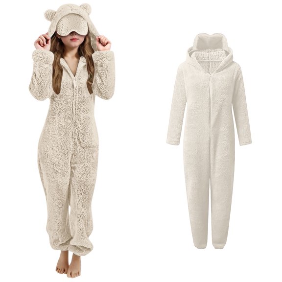 Kids Onesie Pajamas Cute Ear Hooded White Onesie Girls Thickened Zipper Thermal Loungewear Halloween Onesies 5-6 Years