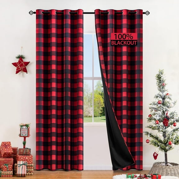 Buffalo Plaid Curtains for Farmhouse Bedroom, Blackout Christmas Window Drapes with Grommets for Living Room Darkening and Thermal Insulated Set of Red and Black 42"W x 63"L (Pack of 2)
