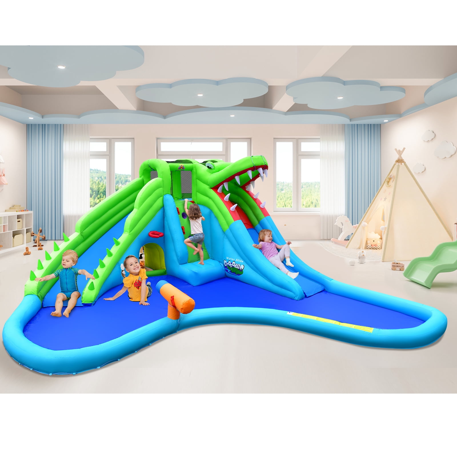 Infans Inflatable Crocodile Style Water Slide Upgraded Kids Bounce Castle w/780W Blower