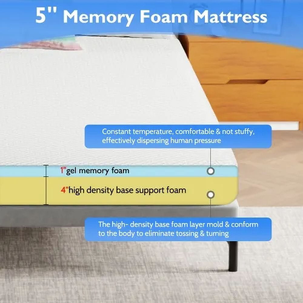 CL.HPAHKL 5 inch Twin XL Size Mattress with Cover, Cooling Gel Memory Foam Twin Mattress for a Cool Sleep & Pressure Relief, Medium Firm Mattress Pad Mattresses, Bed in a Box, CertiPUR-US Certified