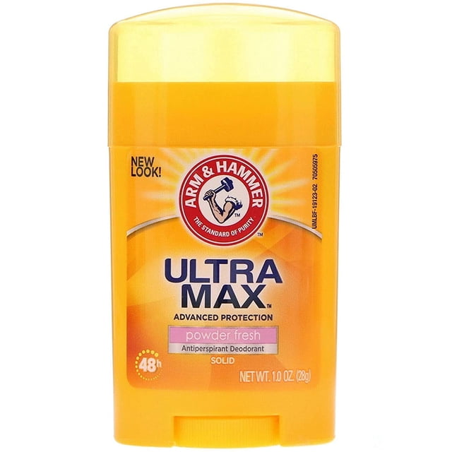 arm & hammer ultra max powder fresh desodorante antitranspirante 1.0 oz tamaño de viaje (paquete de 3) envase sólido amarillo frontal con tapa translúcida, logotipo Arm & Hammer en círculo rojo, texto ULTRA MAX en azul, etiqueta rosa "powder fresh", indicación 48 h y net wt. 1.0 oz visible.