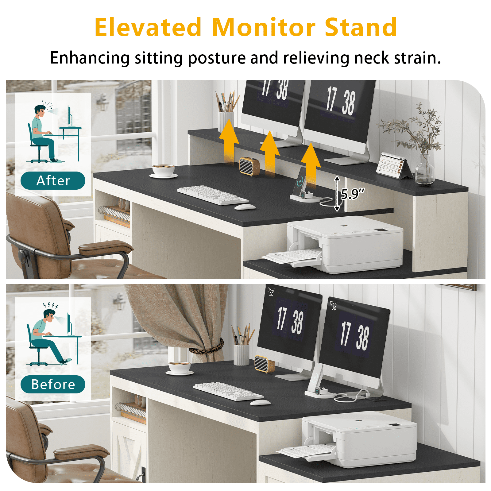 Farmhouse Computer Desk with Drawers, 65'' Home Office Desk with Power Outlets, Storage Cabinet and Printer Stand, Study Writing Desks with Long Monitor Stand, Black and White