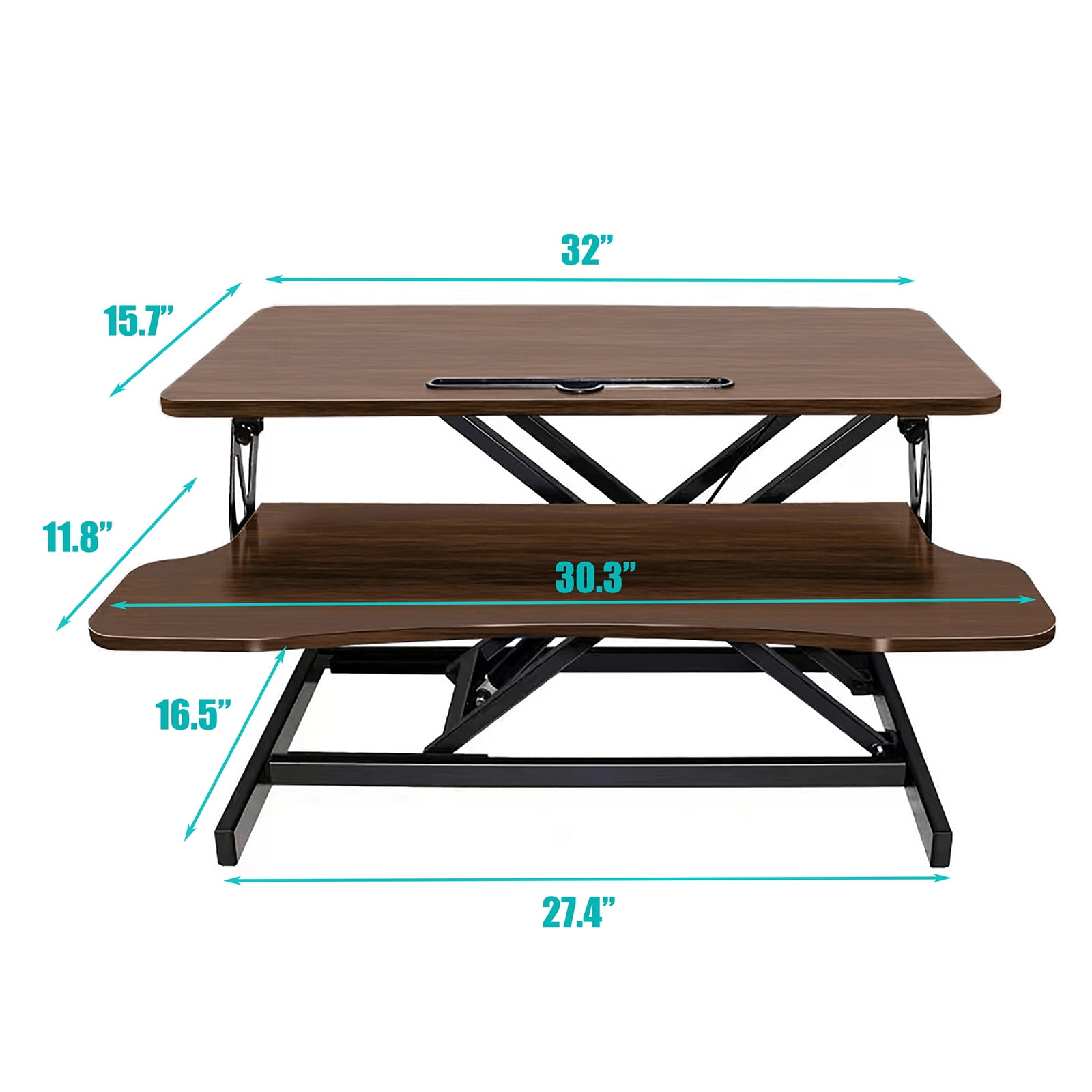 Standing Desk Converter, 32 Inch Standing Desk Adjustable Height for Table Tops and Home Office, Desk Riser Computer Workstation with Wide Keyboard Tray 2-Tier Desktop, Walnut Color