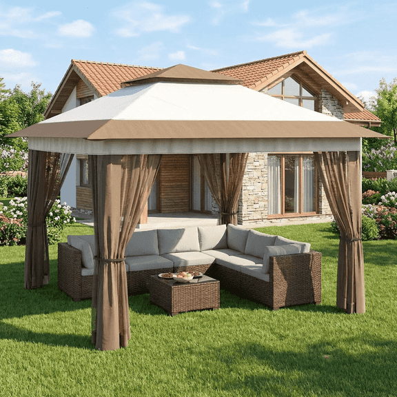 Patio Furniture Set - Includes 7 PCS Wicker Sectional sofa & 11x11 Pop Up Gazebo, 121 Square feet of Shade for Poolside, Garden, Party, Beige