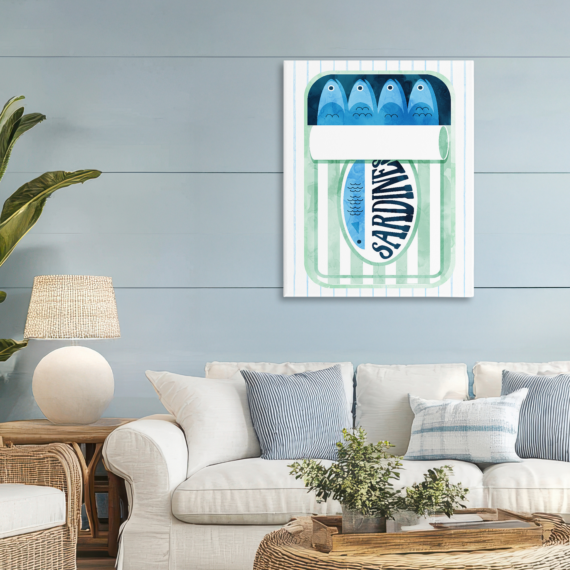 Seafoam Sardine Tin over Stripes Canvas Wall Art, design by Daphne Polselli