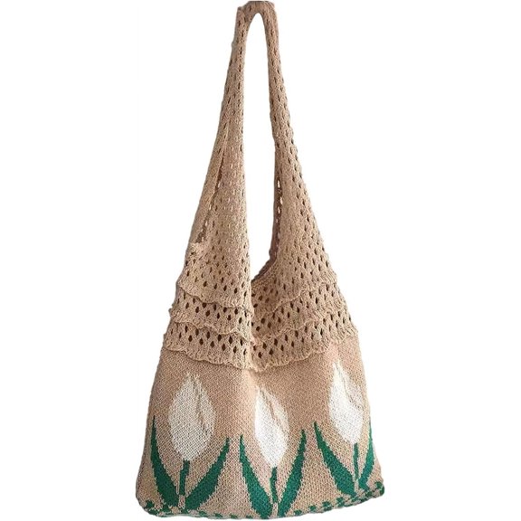 LinYooLi Women's Crochet Tote Bag Aesthetic Fairy Hobo Bag Flower Shoulder Bag Mesh Beach Bag Summer Accessories