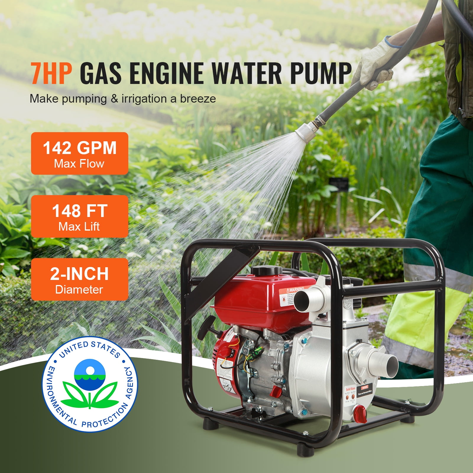 KFFKFF Gasoline-Powered Water Pump, 2-inch, 7HP, 142 GPM Flow Rate, 148ft Lift, 22ft Suction, 4-Stroke Engine for Efficient Water Transfer, Portable Design with 25ft Hose for Irrigation and Pool Use