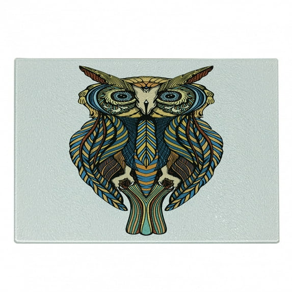 Owl Print Cutting Board, Bohemian Graphic of Colorful Detailed Bird Artwork on Plain Background Print, Decorative Tempered Glass Cutting and Serving Board, in 3 Sizes, by Ambesonne