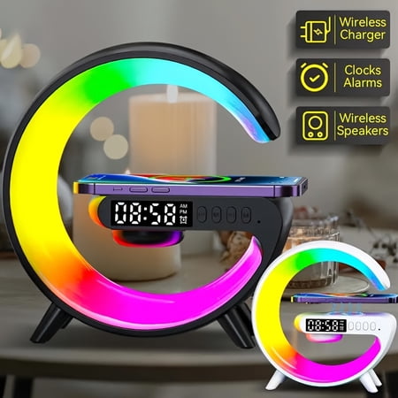 Multifunction Fast Wireless Charger Stand, Wireless Charging Station with Bluetooth Speaker, Alarm Clock & RGB Night Light for iPhone 17/16/15 Samsung, Christmas Halloween Gift